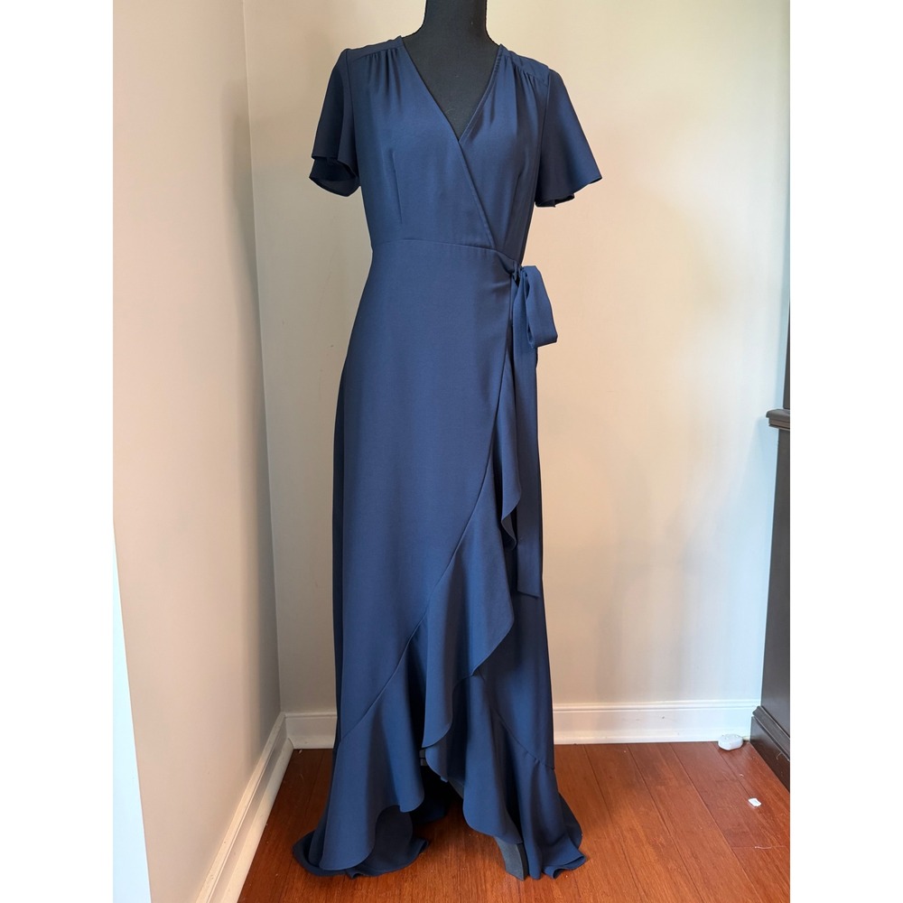Altar'd State Maxi Dress Size M Navy Blue Faux Wrap Ruffle V-Neck Flutter Sleeve